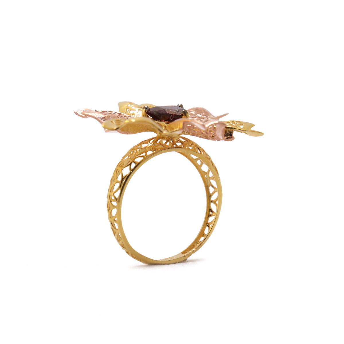 22k yellow gold red garnate floral ring - Image 2