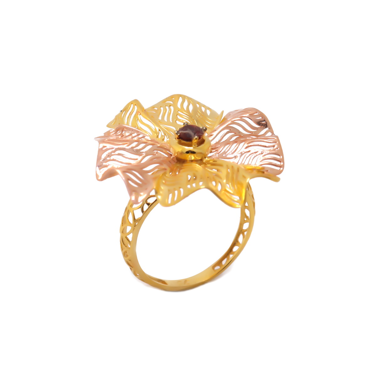 22k yellow gold red garnate floral ring