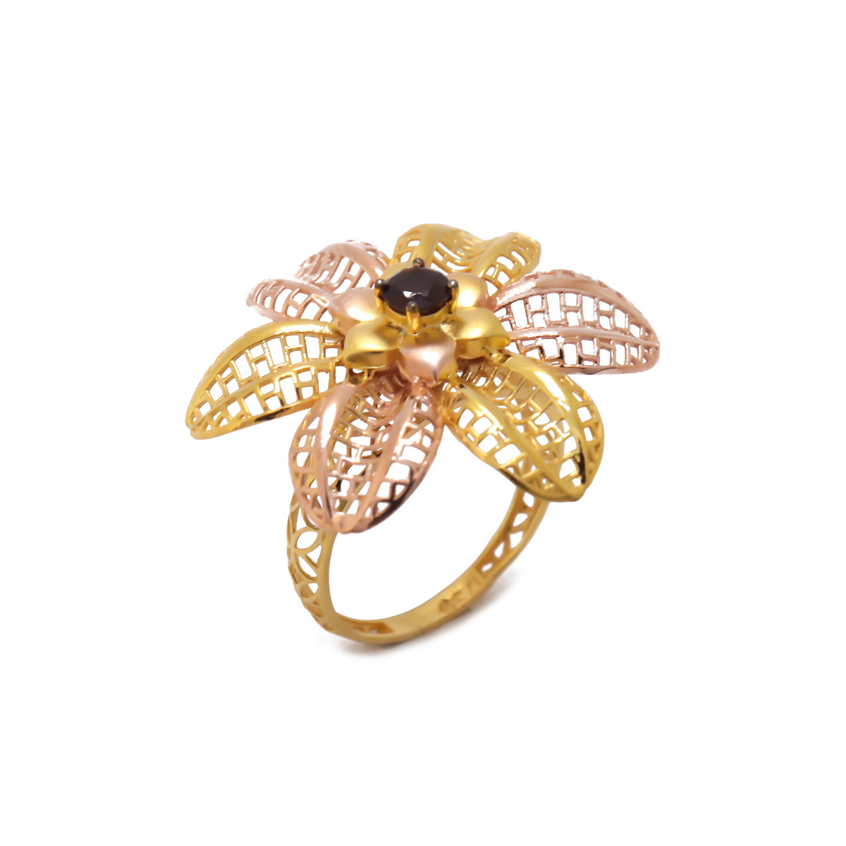 22k yellow gold red garnate floral ring