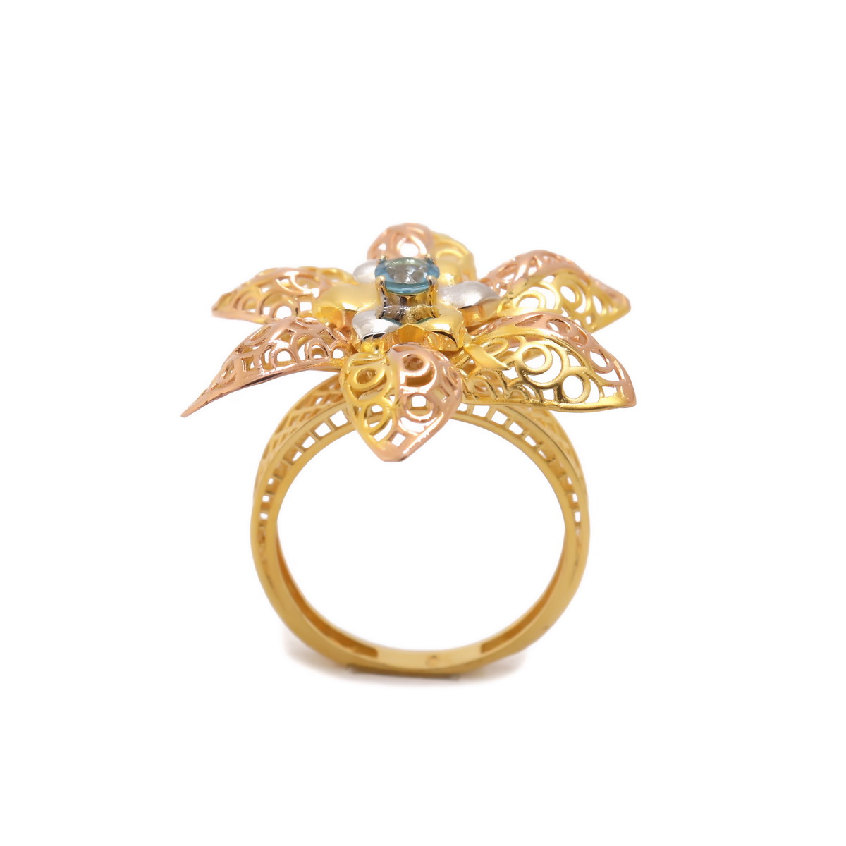 22k Yellow Gold Blue Topaz Floral Ring