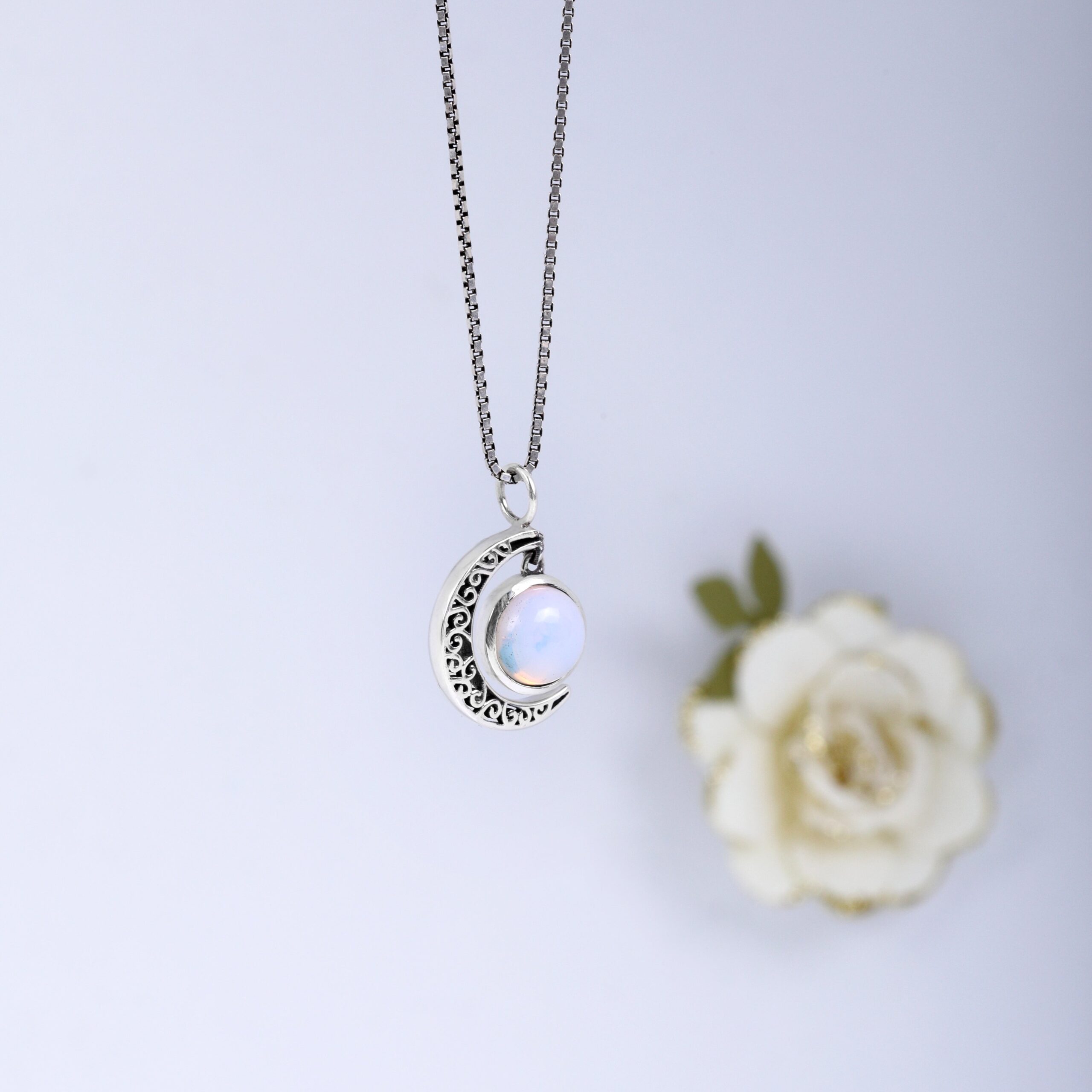 Oxidised silver moonstone crescent pendant with box chain
