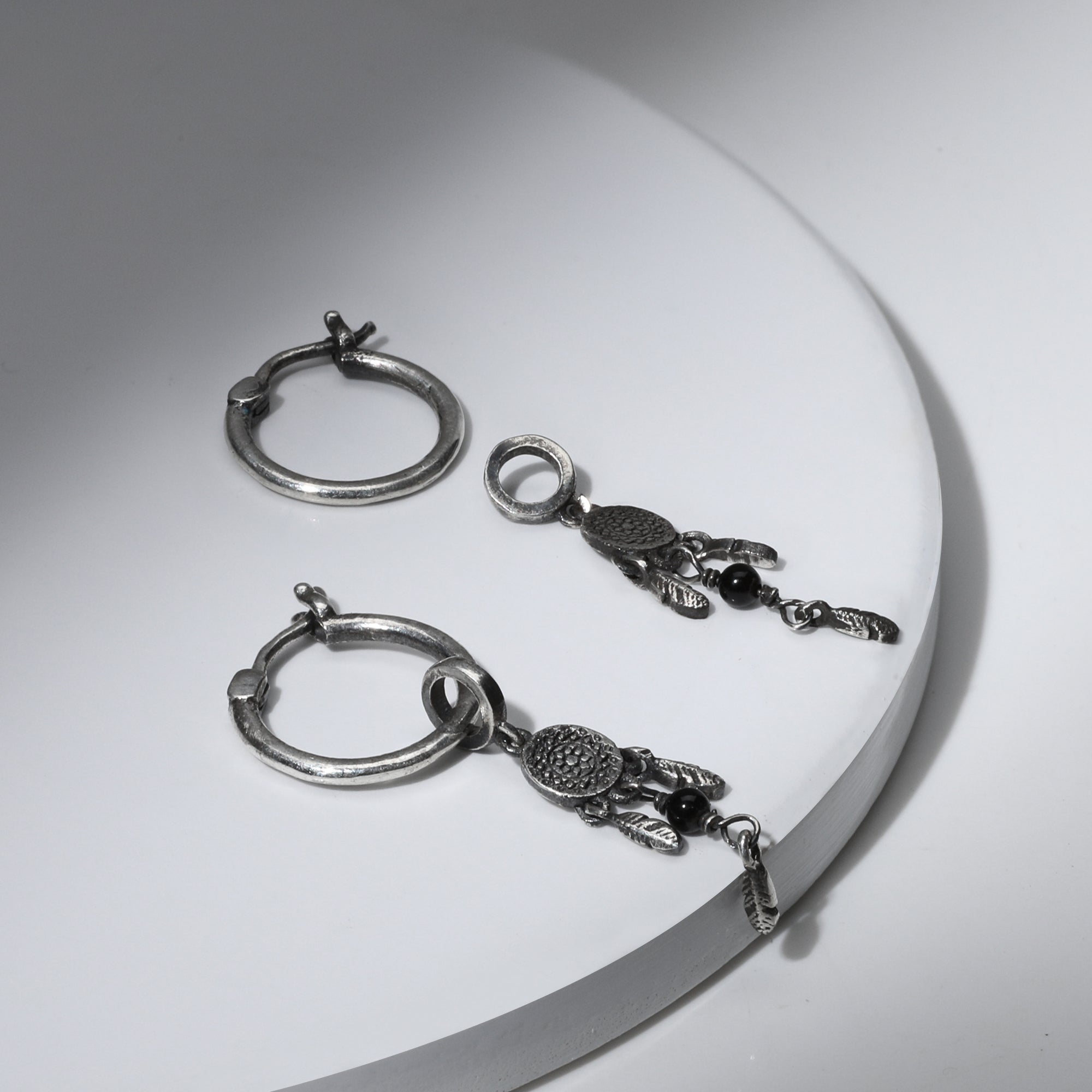 Oxidised silver dreamcatcher hoops