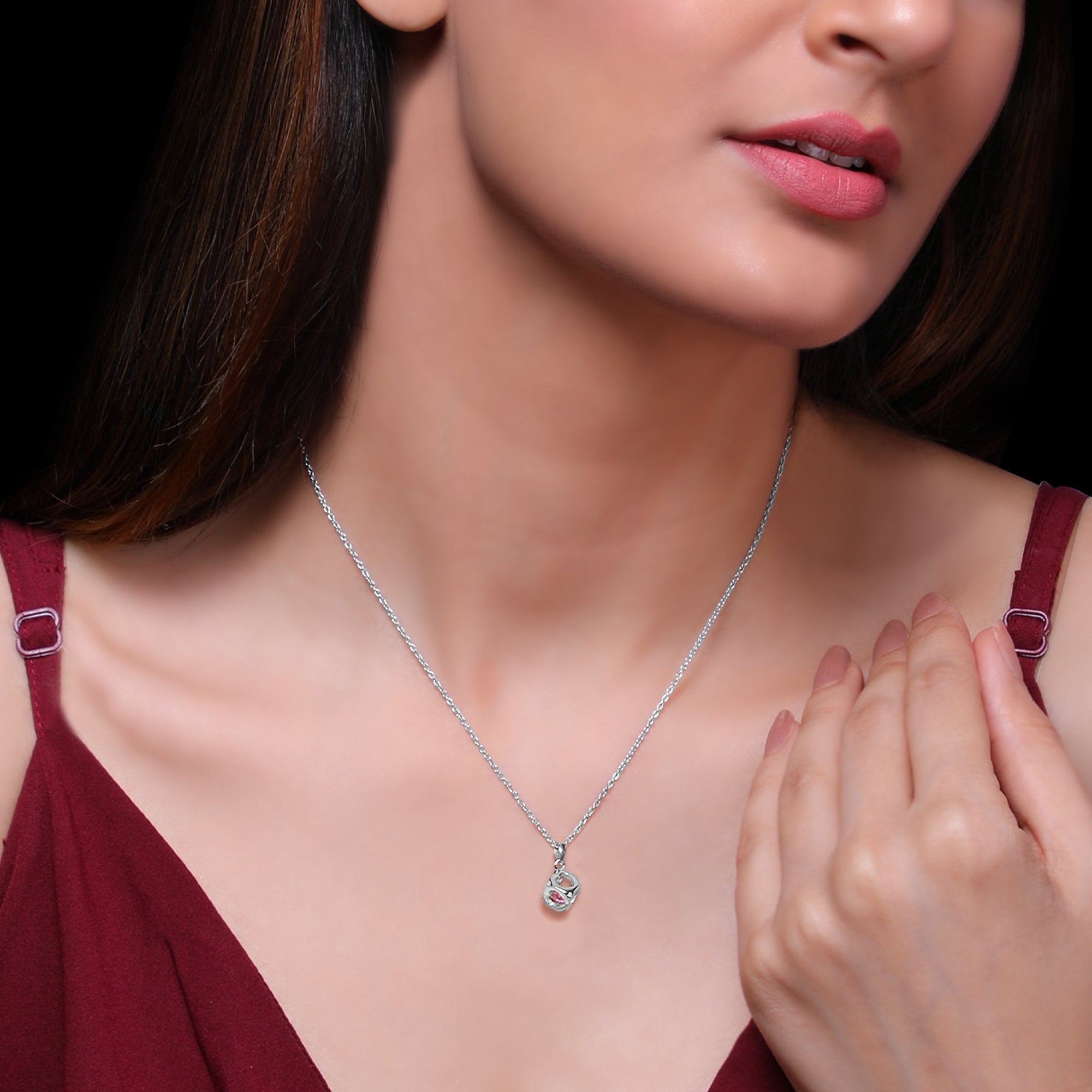 Cherry pink heart cube pendant with link chain - Image 2