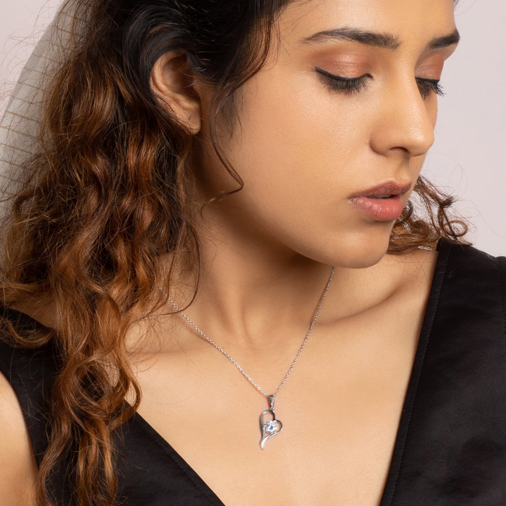 Silver Zircon Curl Heart Necklace with Link Chain