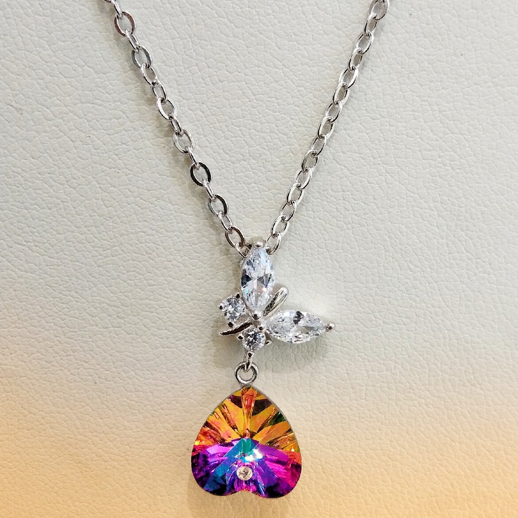 Sterling Silver Crystal Heart ,Diamond Butterfly Pendant Necklace - Image 2