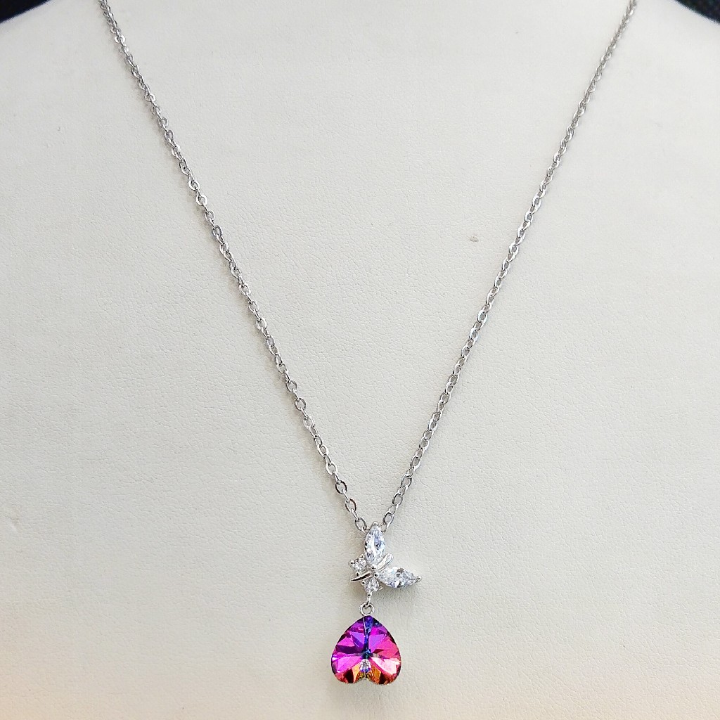 Sterling Silver Crystal Heart ,Diamond Butterfly Pendant Necklace