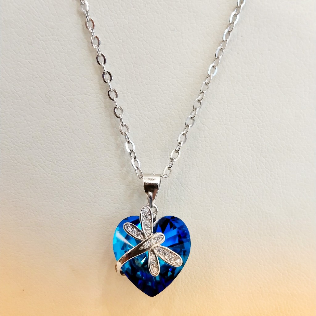 925 Silver Heart Blue Crystal Color Butterfly Pendant Necklace