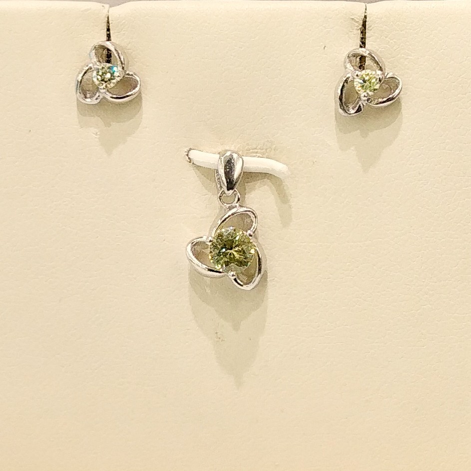 925 Sterling Silver Yellow Stone Flower Pendant Set