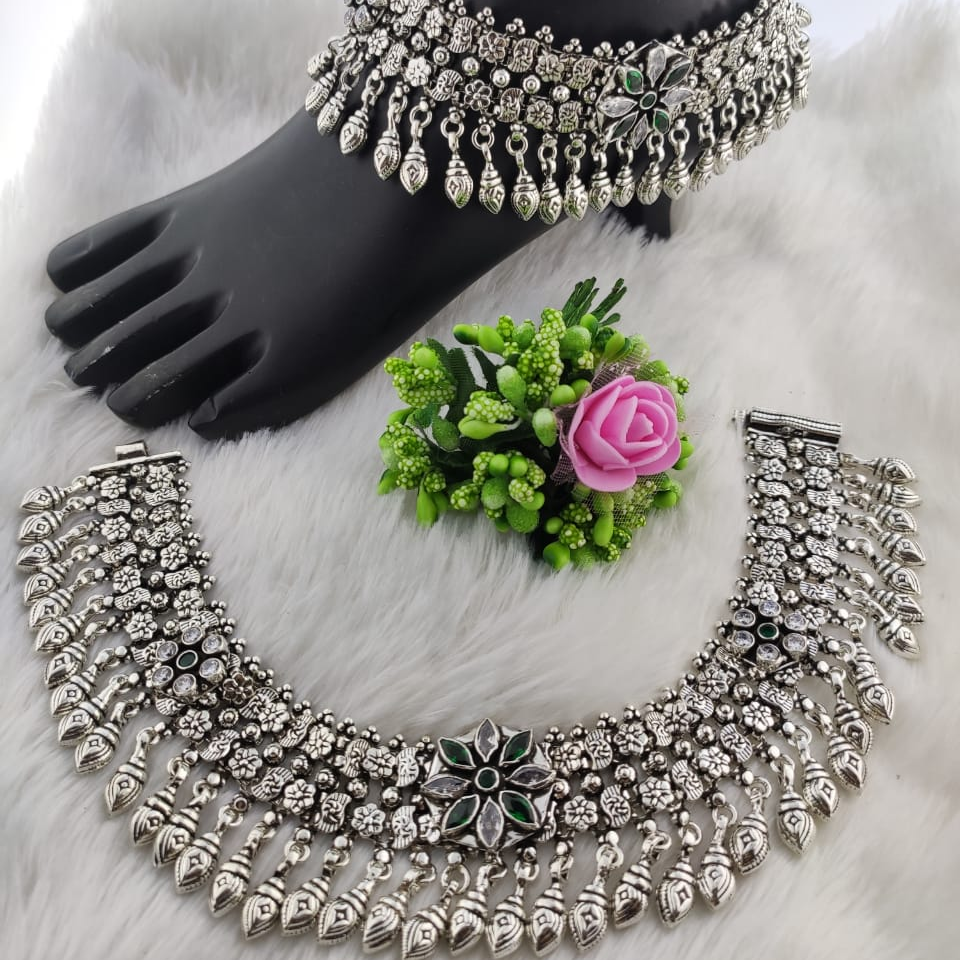 Silver Antique Oxidized Payal For Women - Image 2
