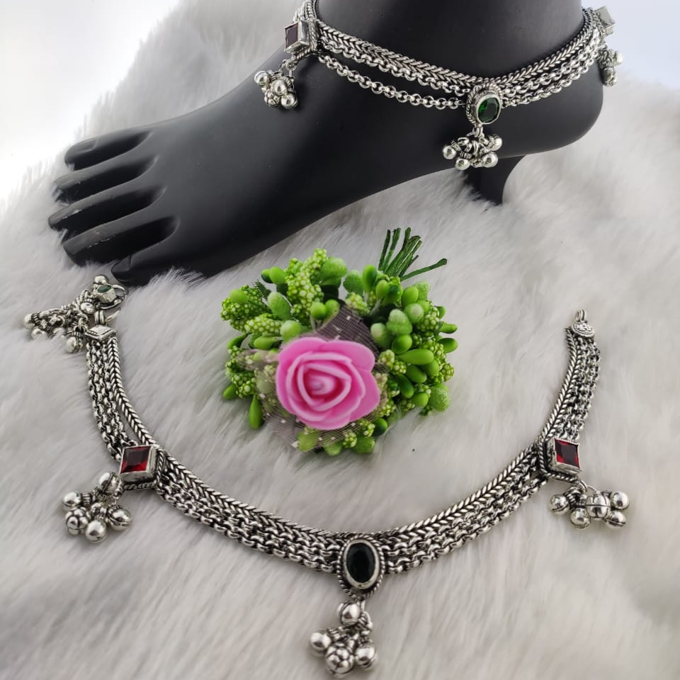 Silver ladies oxidised antique kundan flower payal