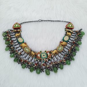 Nakhra necklace in vintage silver with gems stone multi colour