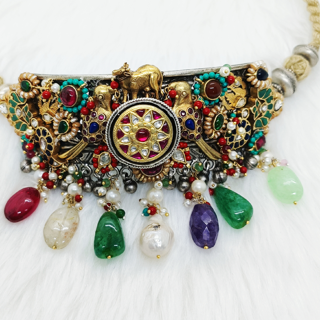 Nakhra necklace in vintage silver with gems stone multi colour - Image 3