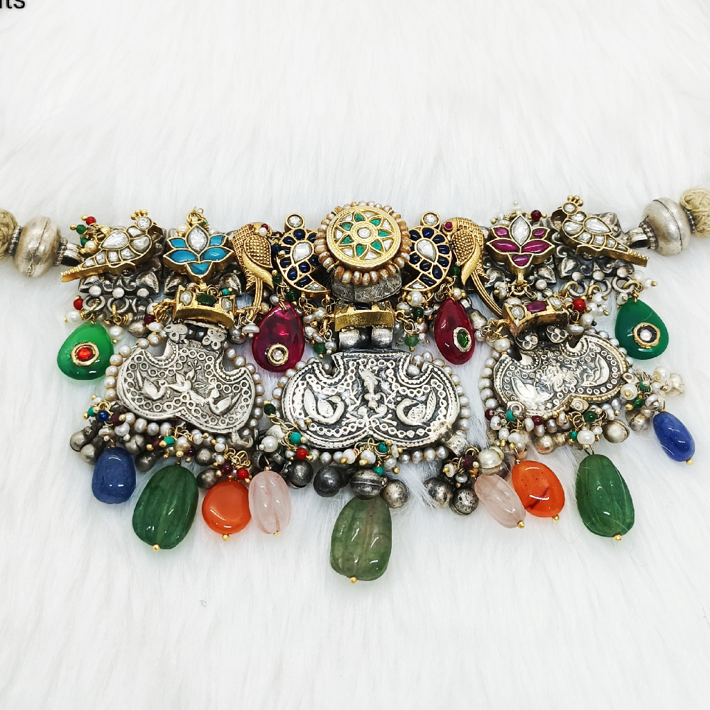 Nakhra necklace in vintage silver with gems stone multi colour - Image 2