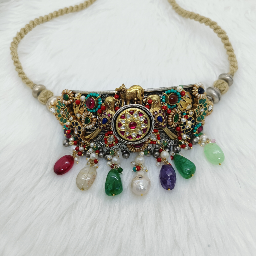Nakhra necklace in vintage silver with gems stone multi colour
