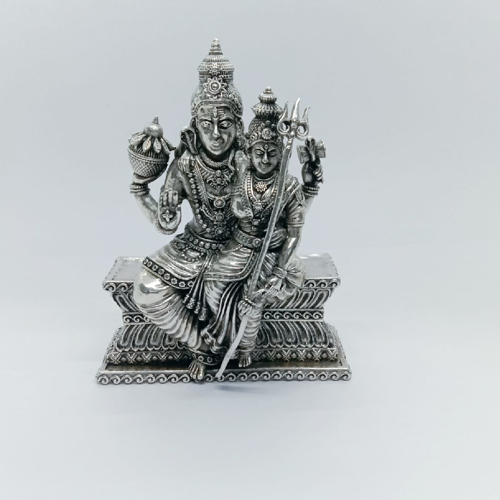 Pure silver idol of shiv parwati in antique polish