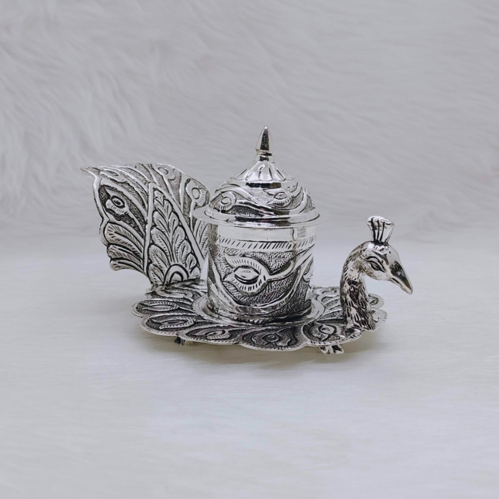 Hallmarked silver peacock shaped kumkum dibbi by puran - Image 3