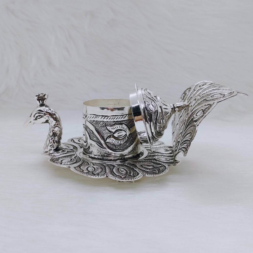 Hallmarked silver peacock shaped kumkum dibbi by puran - Image 2
