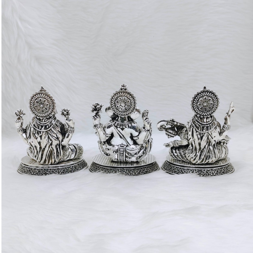 Real silver laxmi ganesh saraswati idol in high antique fine work - Image 2