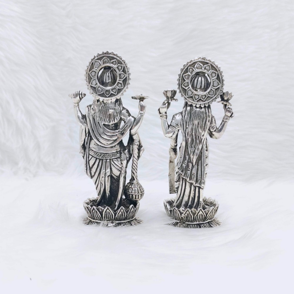 Sterling silver vishnu and laxmi ji idol in high antique finish work - Image 2