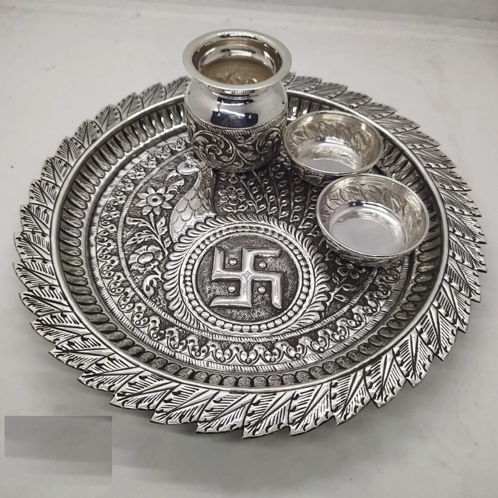 peacock motif aarta thal set in hallmark silver by puran