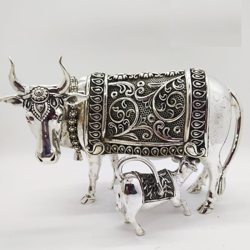 925 Pure Silver Cow & Calf In Antique Carvings PO-174-60