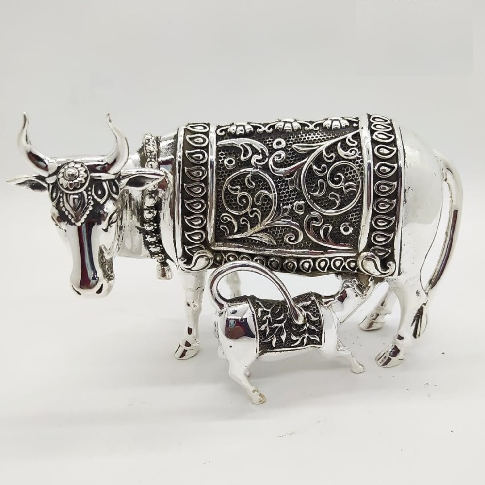 925 Pure Silver Cow & Calf In Antique Carvings PO-174-59