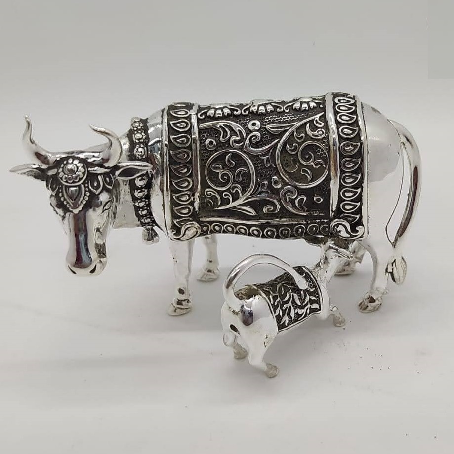 925 Pure Silver Cow & Calf In Antique Carvings PO-174-55