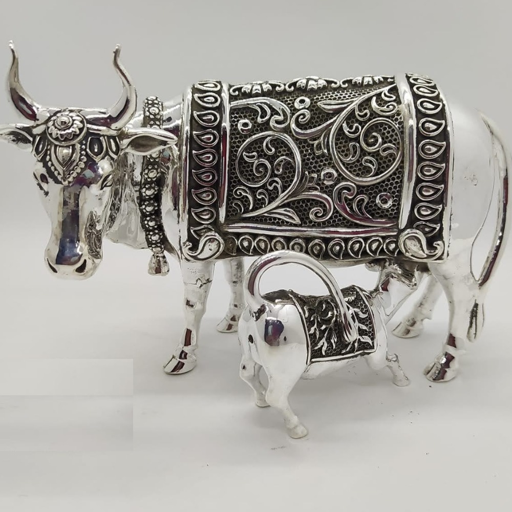 925 Pure Silver Cow & Calf In Antique Carvings PO-174-53