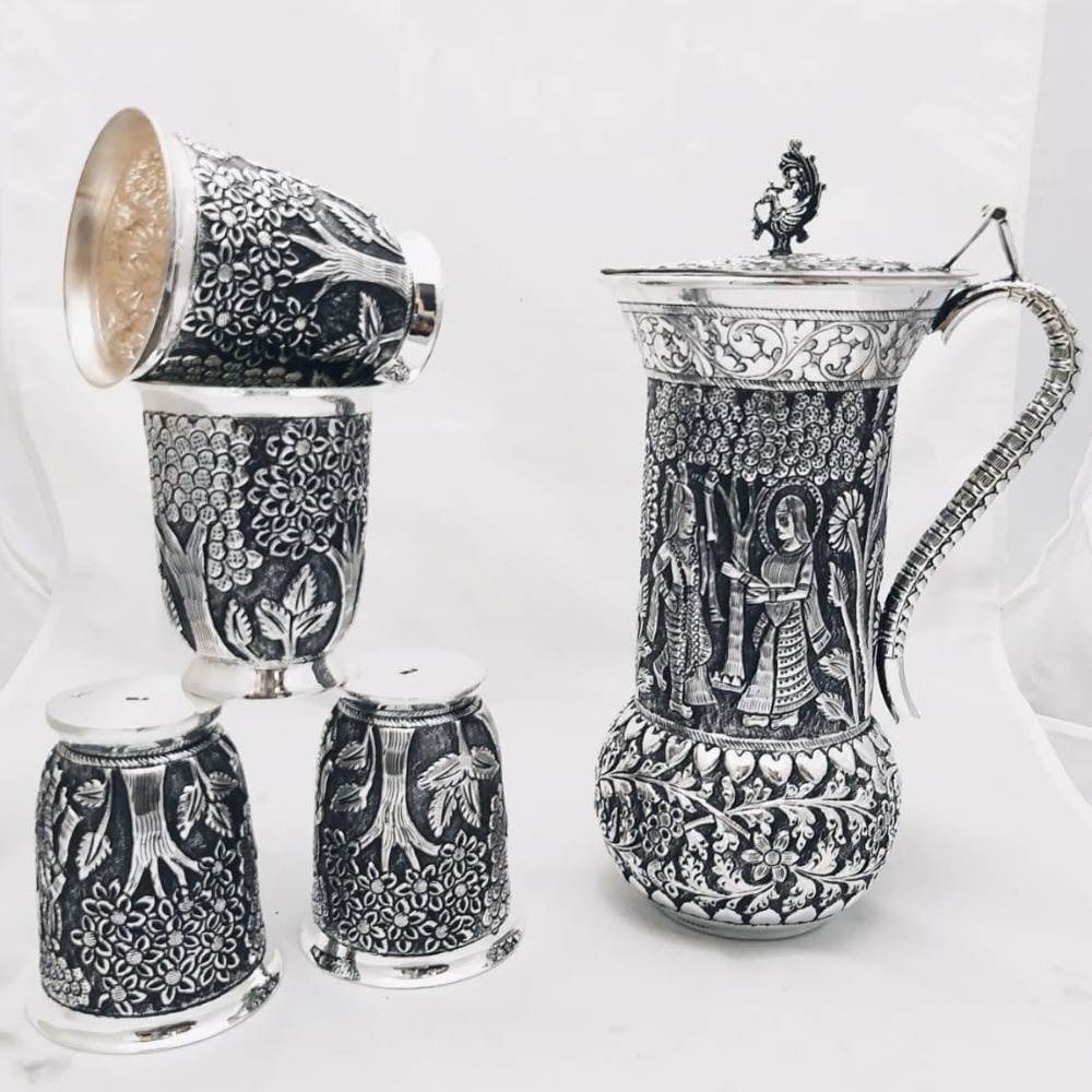 Pure Silver Jug Glasses Set In Fine Carvings of Rasleela PO-247-17