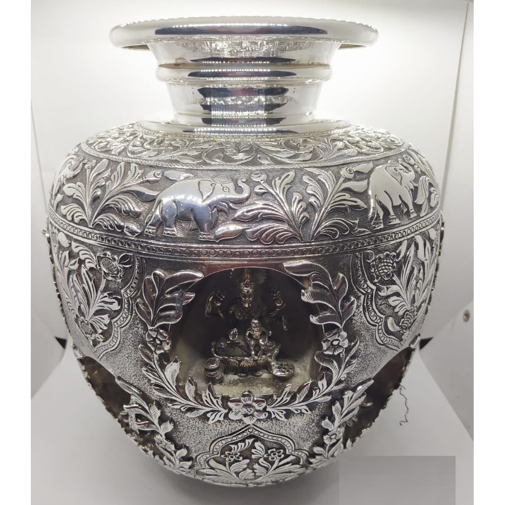 Pure silver Asthalakshmi vase in fine antique carvings po-168-07