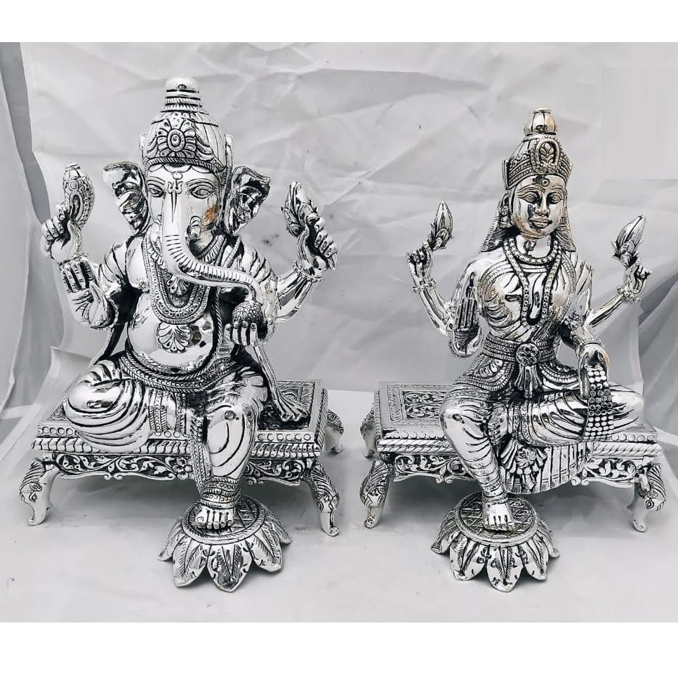 Pure Silver Idols of Lakshmi Ganesh On Singhasan PO-174-40