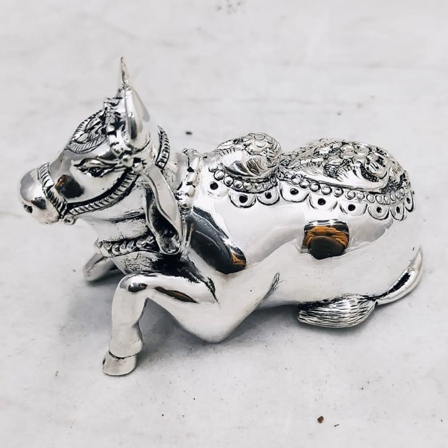 Pure silver nandi idol in antique carvings & solid po-174-33