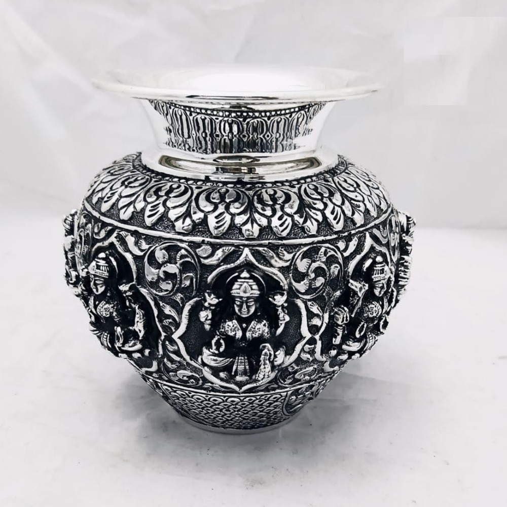Pure silver asthalakshmi kalash in deep carvings po-168-07