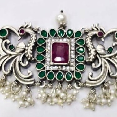 Pure Silver Compact Choker With Real Gemstones & Pearls PO-216-45 - Image 2