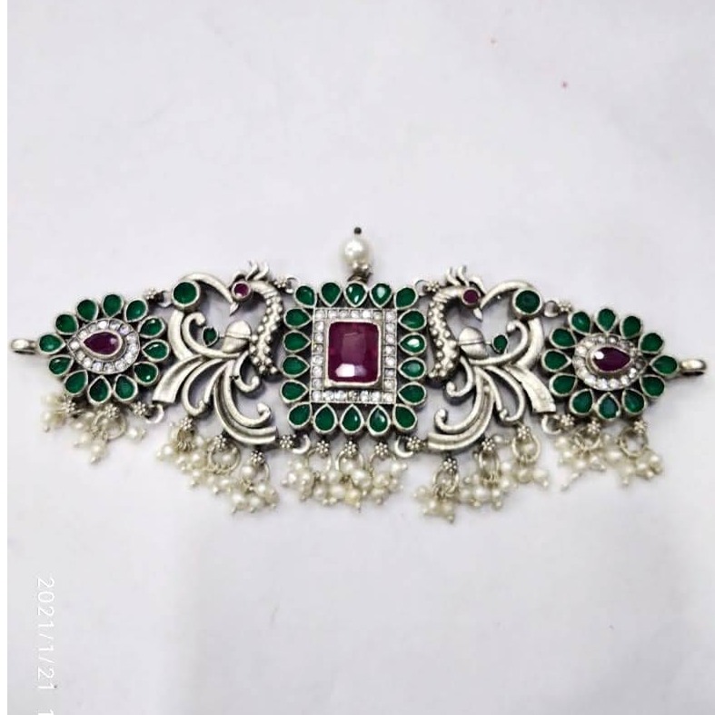 Pure Silver Compact Choker With Real Gemstones & Pearls PO-216-45