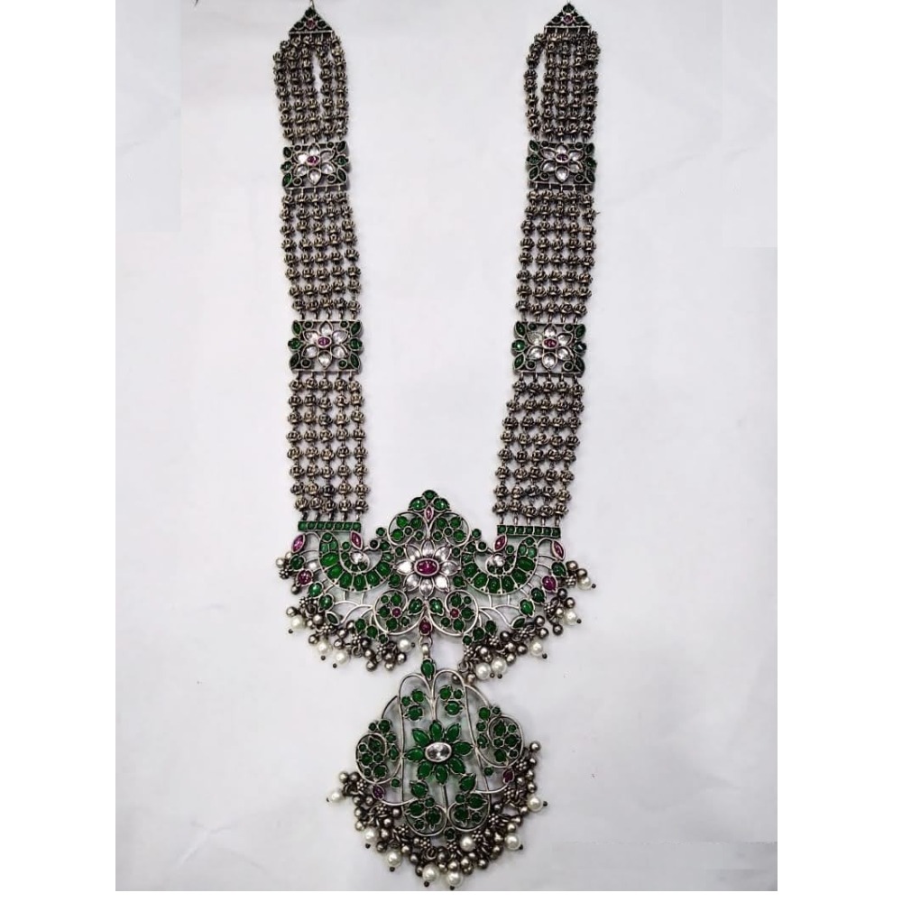 Pure silver temple haram necklace with gemstones po-216-44