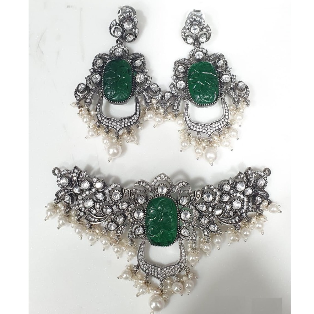 925 pure silver necklace with carved ruby and kundan po-216-07