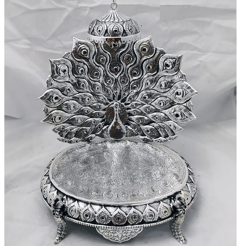 925 pure silver antique singhasan with dancing peacock po-141-04