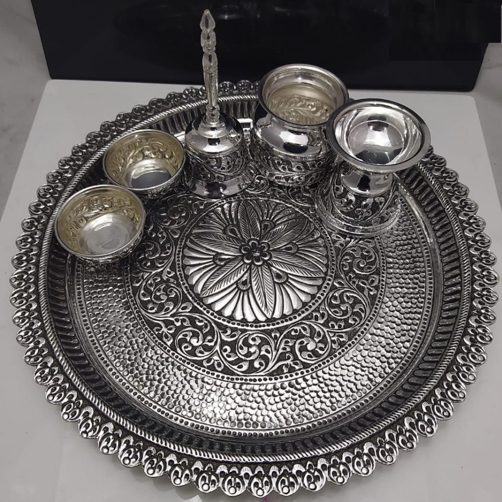 925 pure silver antique pooja thali set work pO-263-04