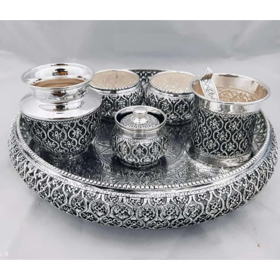 925 Pure Silver Antique Pooja Thali Set in Jaali Work PO-263-01
