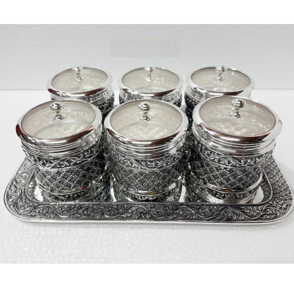 925 pure silver dry fruit boxes with tray 7pcs set po-151-02