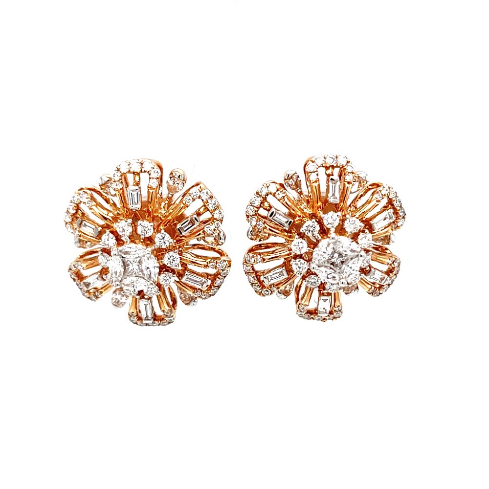 Floral tops with pressure set & baguettes in hallmarked rose gold