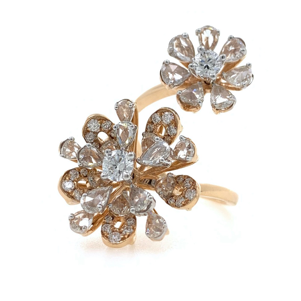 Dual Flower with Rosecut Diamonds Fancy Cocktail Party Ring in 18k Rose Gold - VVS EF - 2.32 carats - 7.530 grams - 0LR30