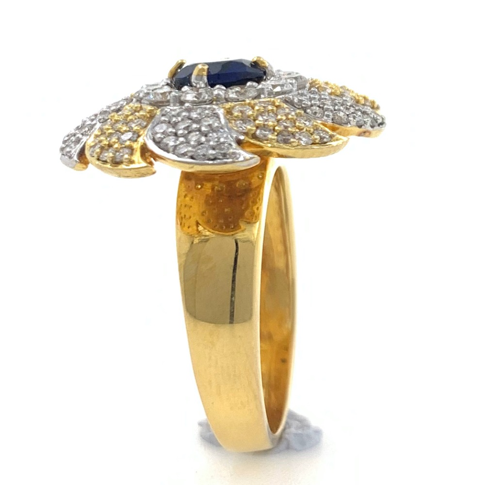 18kt / 750 yellow gold cocktail diamond ring with blue colour stone 5lr717 - Image 4