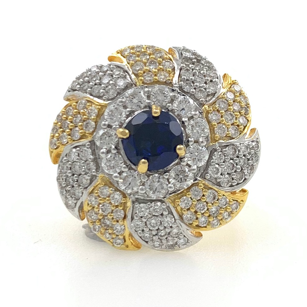 18kt / 750 yellow gold cocktail diamond ring with blue colour stone 5lr717