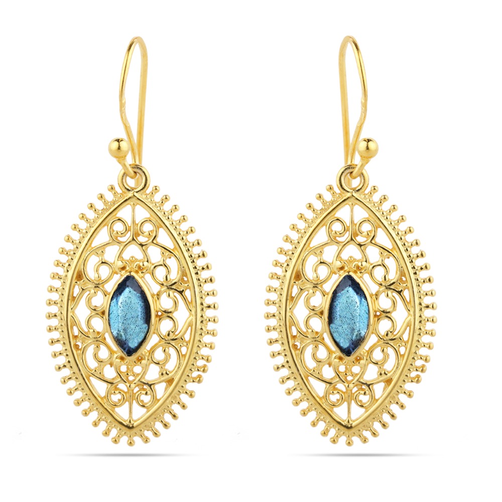 Labradorite Gold Dangle Earrings - 925 Sterling Silver Earring
