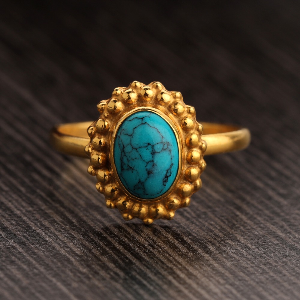 Turquoise Ring - Gold Ring - Gemstone Ring - Oval Ring - Image 2