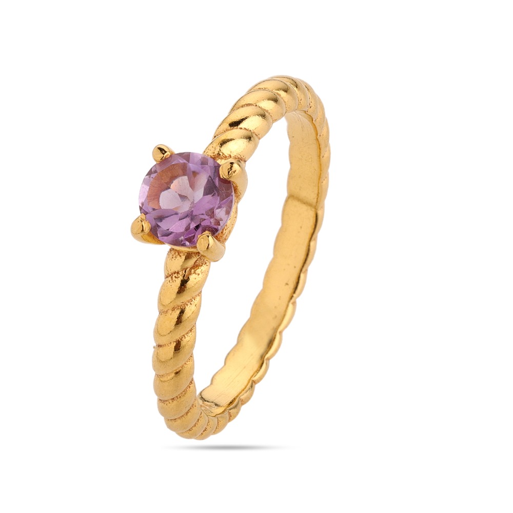 Round Amethyst Prong Ring - Amethyst Gold Plated Sterling Silver Ring