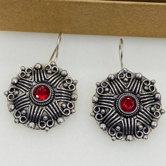 Red Stone Silver Design Artificial Earring