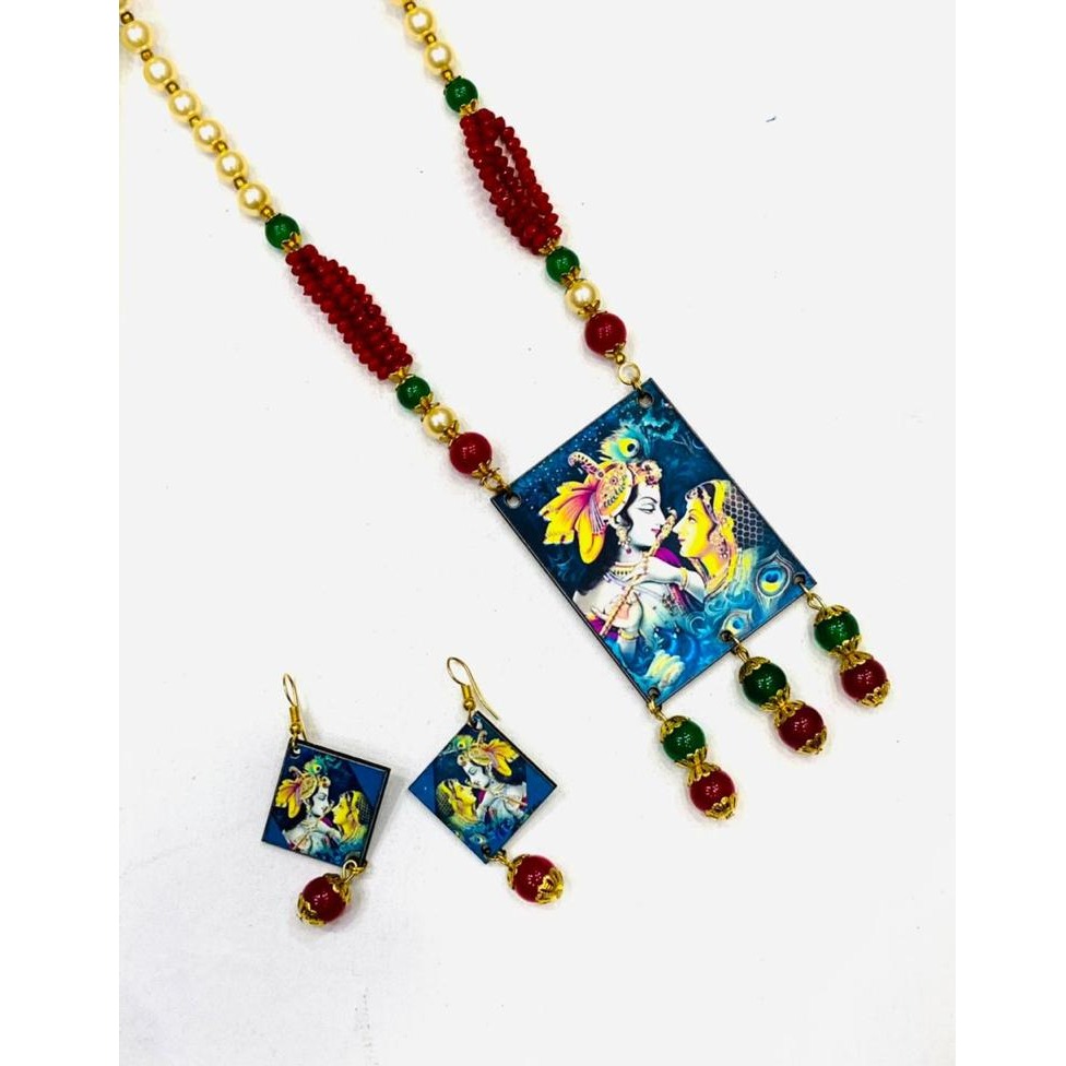 Radha Krishna Design Artificial Long Necklace Set